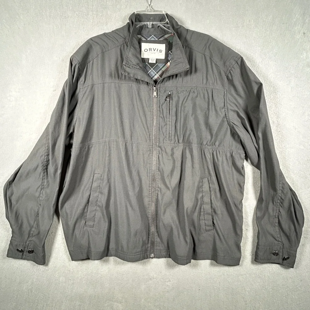 Orvis Windbreaker Jacket Mens XXL Gray Solid Full Zip Plaid Lined Outdoor Pocket